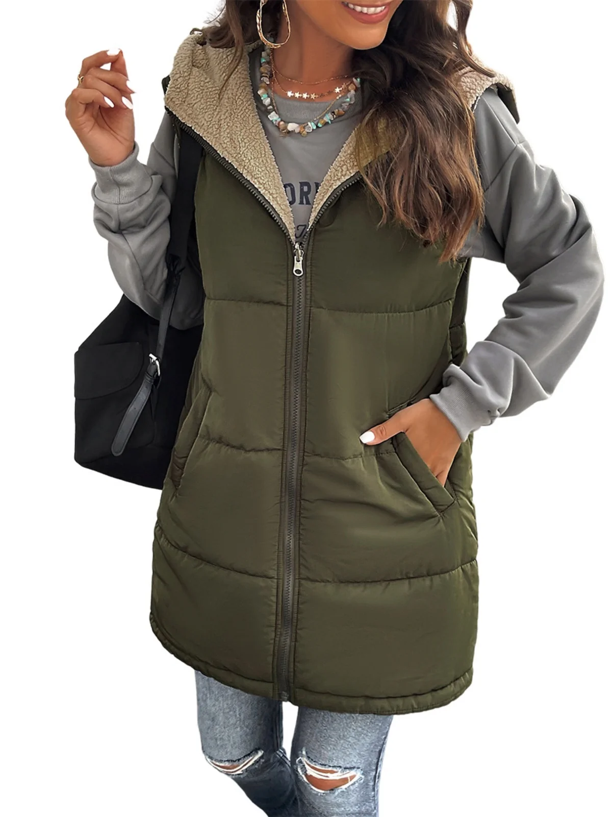 

Warm Hooded Midlength Padded Coat Svel Cotton Jaet Sweet Sle Thiened Zipper Closure Color Women's Outerwear