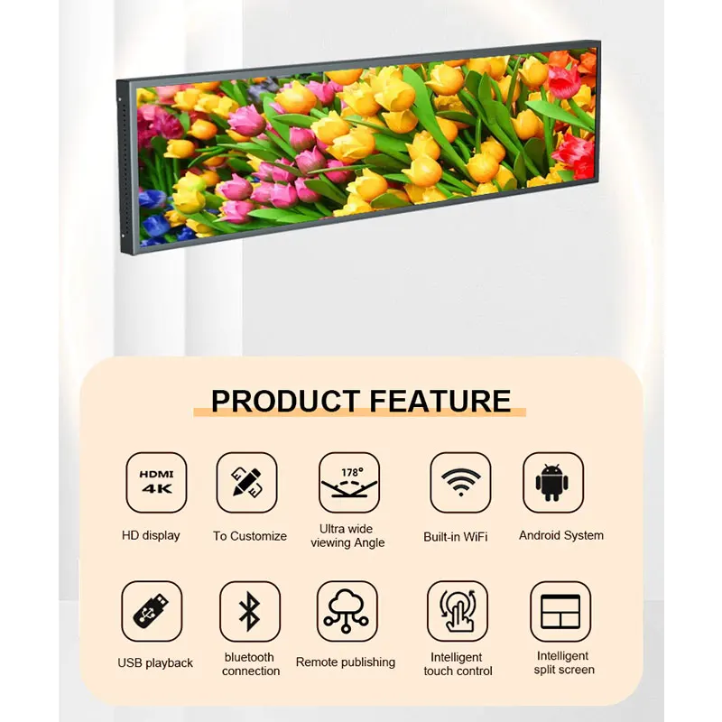 Supermarket Shelf Digital Indoor Advertising Player Signage Stretched Bar Lcd Monitor Led Strip Display Screen Text