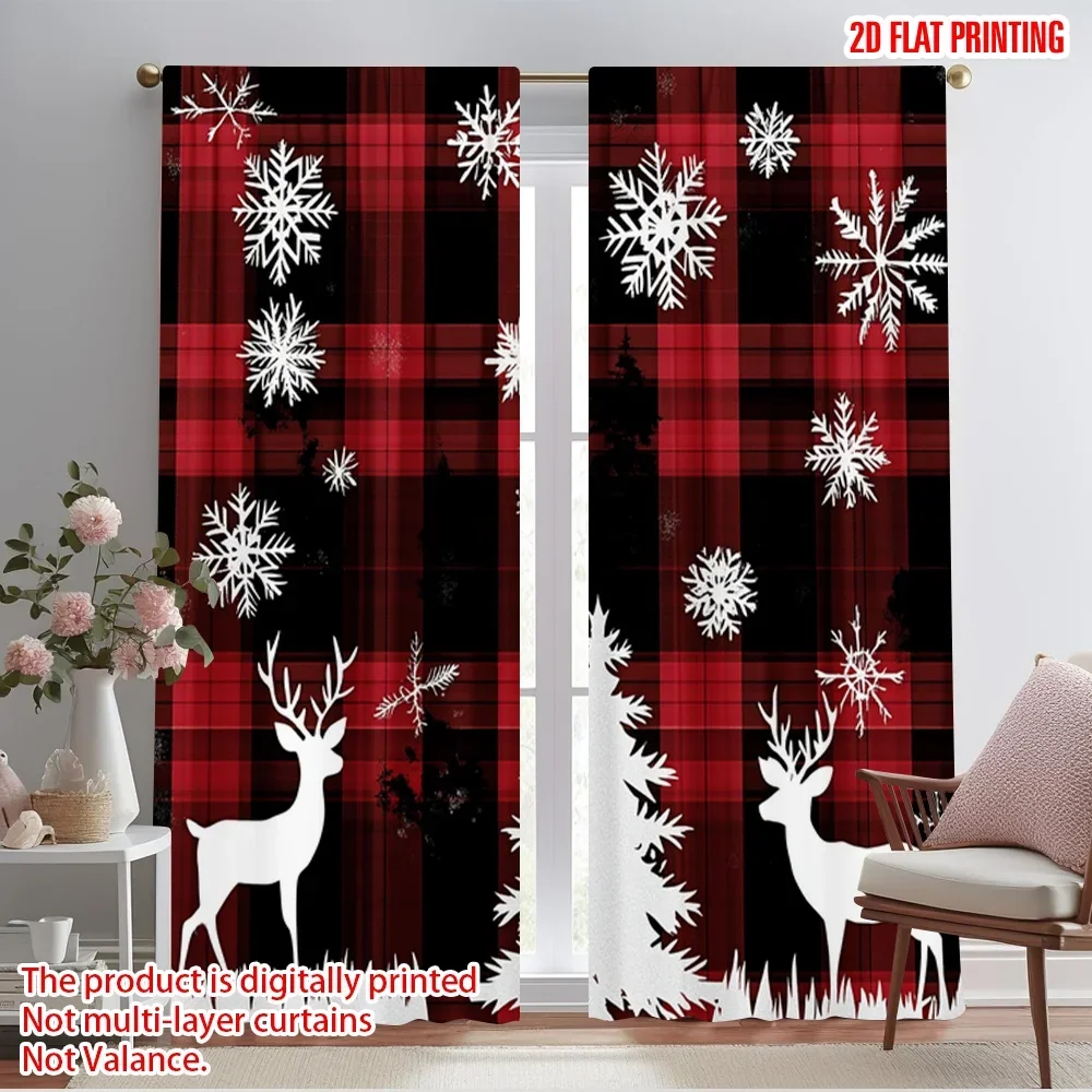 2pcs,2D plane printing Creative Curtains Buffalo Plaid Deer Snowflakes (4) Versatile Polyester (without rod) Festive Perfect for