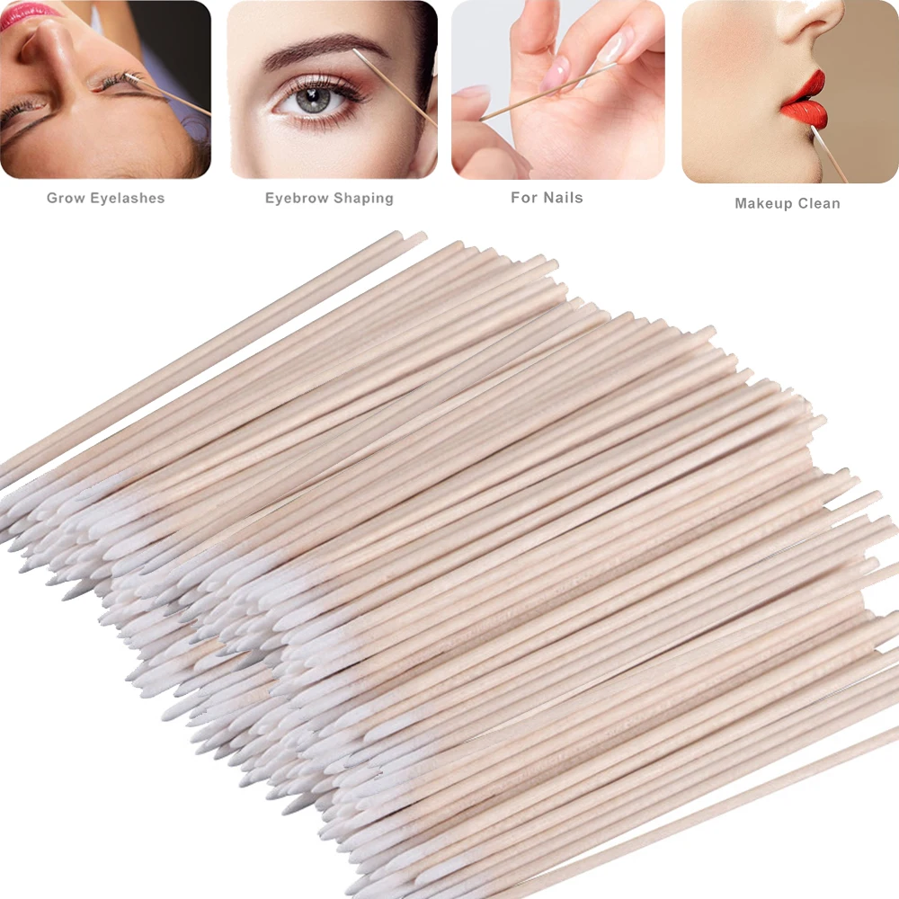 100/200/300/500 Uds hisopo de algodón con mango de madera cabeza de punta pequeña para tatuaje de cejas maquillaje de belleza palos de madera para uñas 10cm