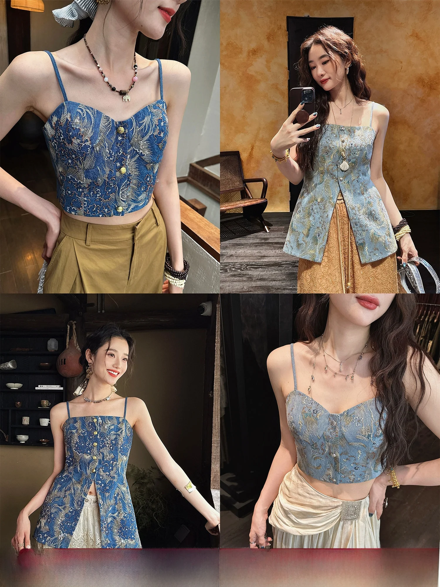 

Sanji Bla Flower New Chinese Sle Denim Strap Vest Women Summer Outdoor Wear Svel Top Faionable Slim Fit Design