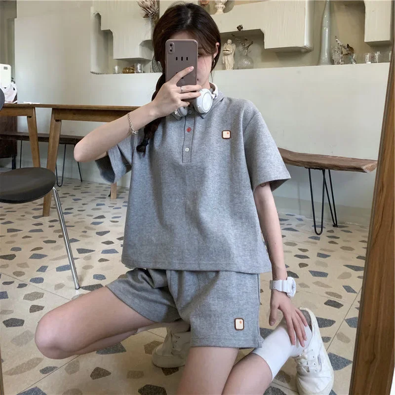 Salt sports shorts set women's summer loose student Hong Kong style polo shirt short sleeve casual two-piece set trendy