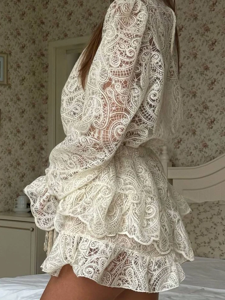 

Elegant Solid Hollow Out Vacation Sets Spring New Women Loose Commute 2PC French Style Lace Lantern Sleeve Tops&Mini Skirts Sets