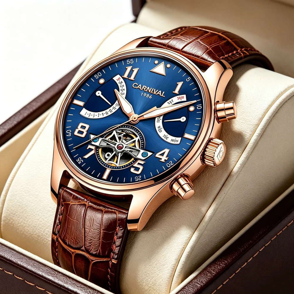 

CARNIVAL Automatic Mechanical Men's Watch Tourbillon Dial Calendar Week Waterproof Luminous Watch for Men