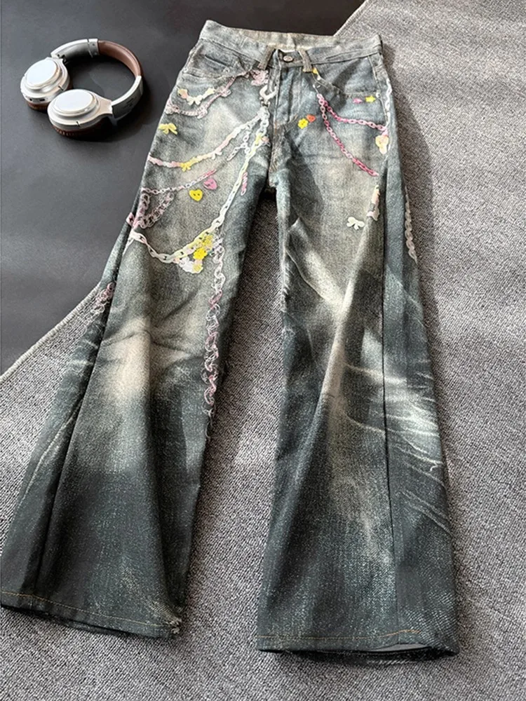 

3D Chain Print Design Denim Jeans Men's Women's American High Street Waed Straight Leg Wide Leg Knife Pants