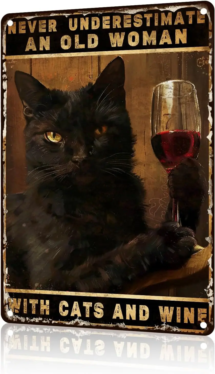 Black Cat Metal Tin Sign - Funny Old Women Wall Decor for Bedroom ; Bathroom Retro -aluminum