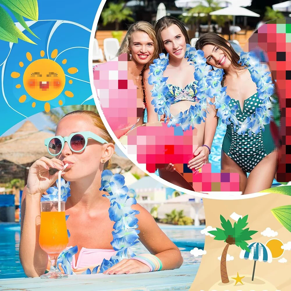 1/2/4pcs Blue Hawaiian Leis Colorful Tropical Hawaiian Flower Necklace Decorations Hula Dance Luau Party Summer Beach Pool Decor view 3