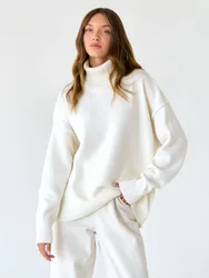 Maglione dolcevita da donna di moda autunno inverno nuovo Pullover lavorato a maglia maglione oversize femminile sciolto Casual solido maglione bianco top