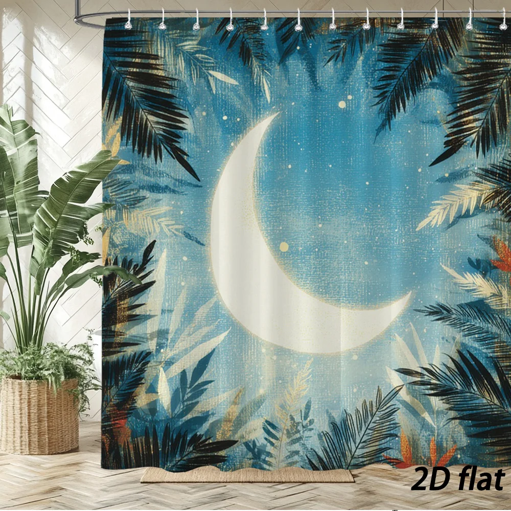 Mystic Tropical Jungle Night Scene Big Crescent Moon Palm Tree Leaves Sparkling Starry Sky Flannel  Soft Light Warm