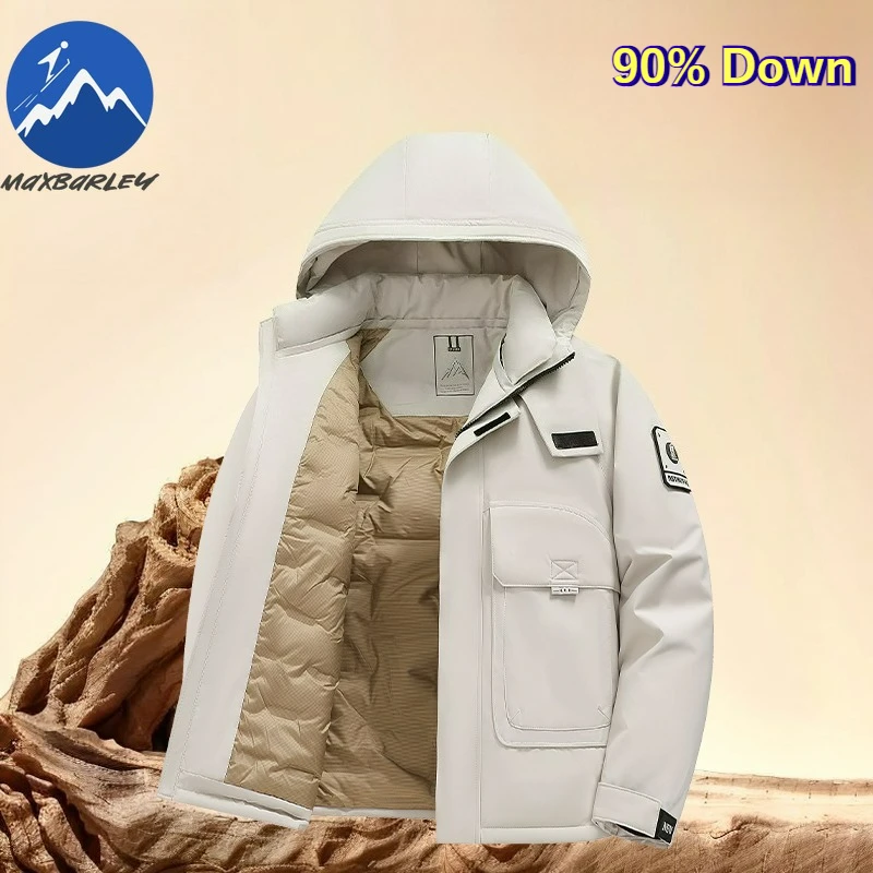 Maxbarley 2026 الرجال سترة شتوية عادية 90 الأبيض بطة أسفل سترة دافئة العلامة التجارية الفاخرة الباردة واقية يندبروف مقنعين معطف منتفخ