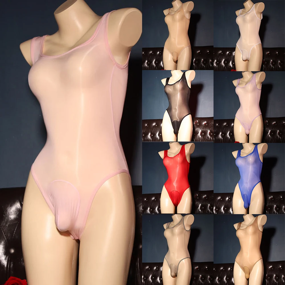 

1pc Mens Sexy Oil Glossy Swimsuit Leotard Sleeveless Bodysuit Fitness Singlets Jumpsuit Tank Tops Men Clothing