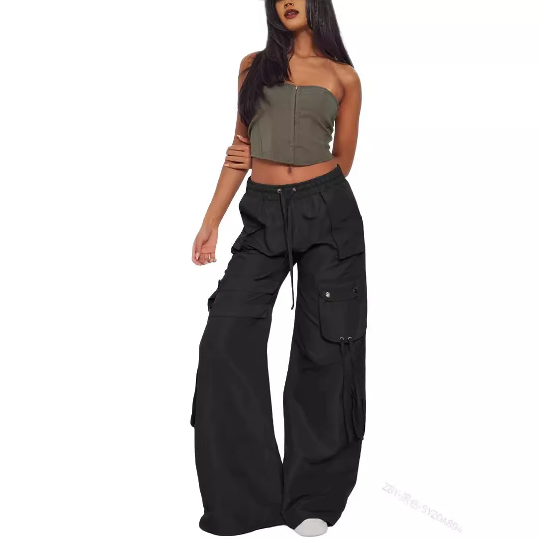 

Брюки-карго женские широкие брюки полной длины с карманами на шнурке длинные брюки уличная одежда повседневные свободные однотонные винтажные 2025