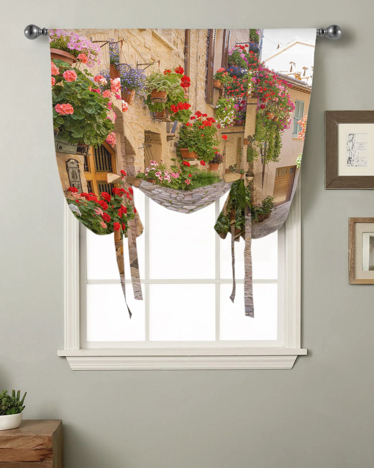 Spello Town Flower Street Window Curtain Tie Up Curtains for Kitchen Living Room Adjustable Rod Pocket Drapes