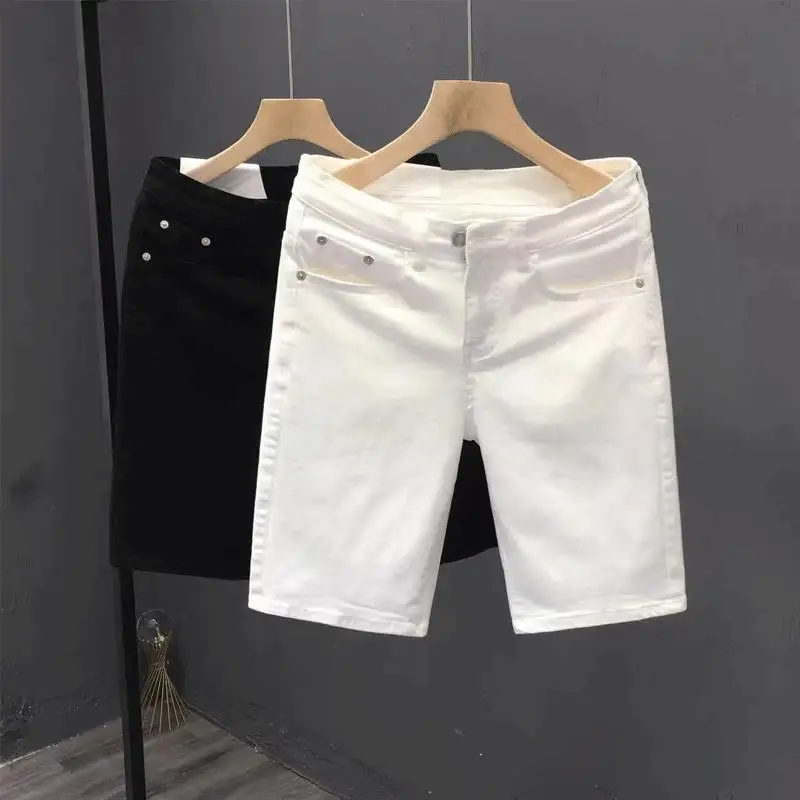 

Белые брюки с пятью точками, мужские повседневные облегающие джинсы, тонкие эластичные средние брюки, однотонные шорты, мужские летние мужские джинсы