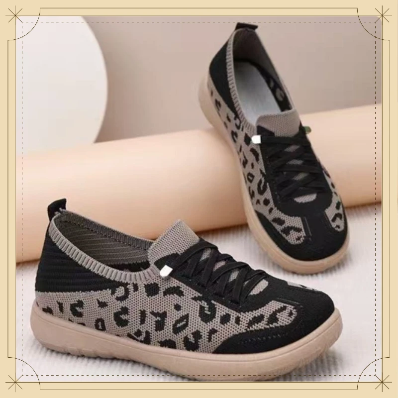 Summer Leopard Mesh Knit Casual Walking Shoes For woman Non Slip Soft Sole Breathable Light Women's Sneakers Elderly Mother shoe