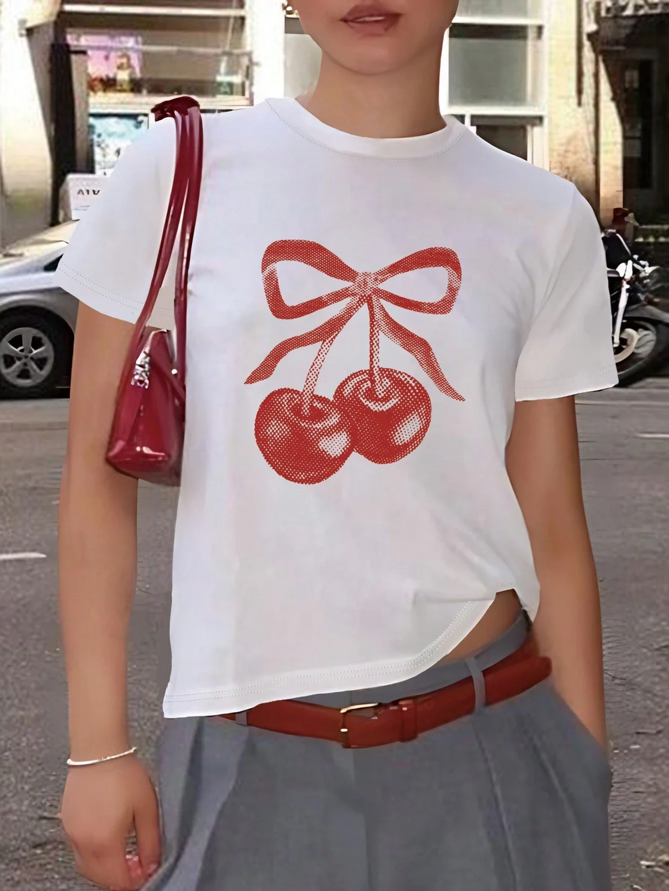 Donne Crop top vestiti estivi ciliegia e Bowknot stampato t-shirt regolare frutta grafica t-shirt donna manica corta t-shirt bambino