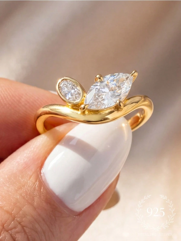 

925 Sterling Silver Fashion V-Shape Luxury Marquise Zircon Ring For Women Engagement Party Daily Wear High Quality Fine Jewelry