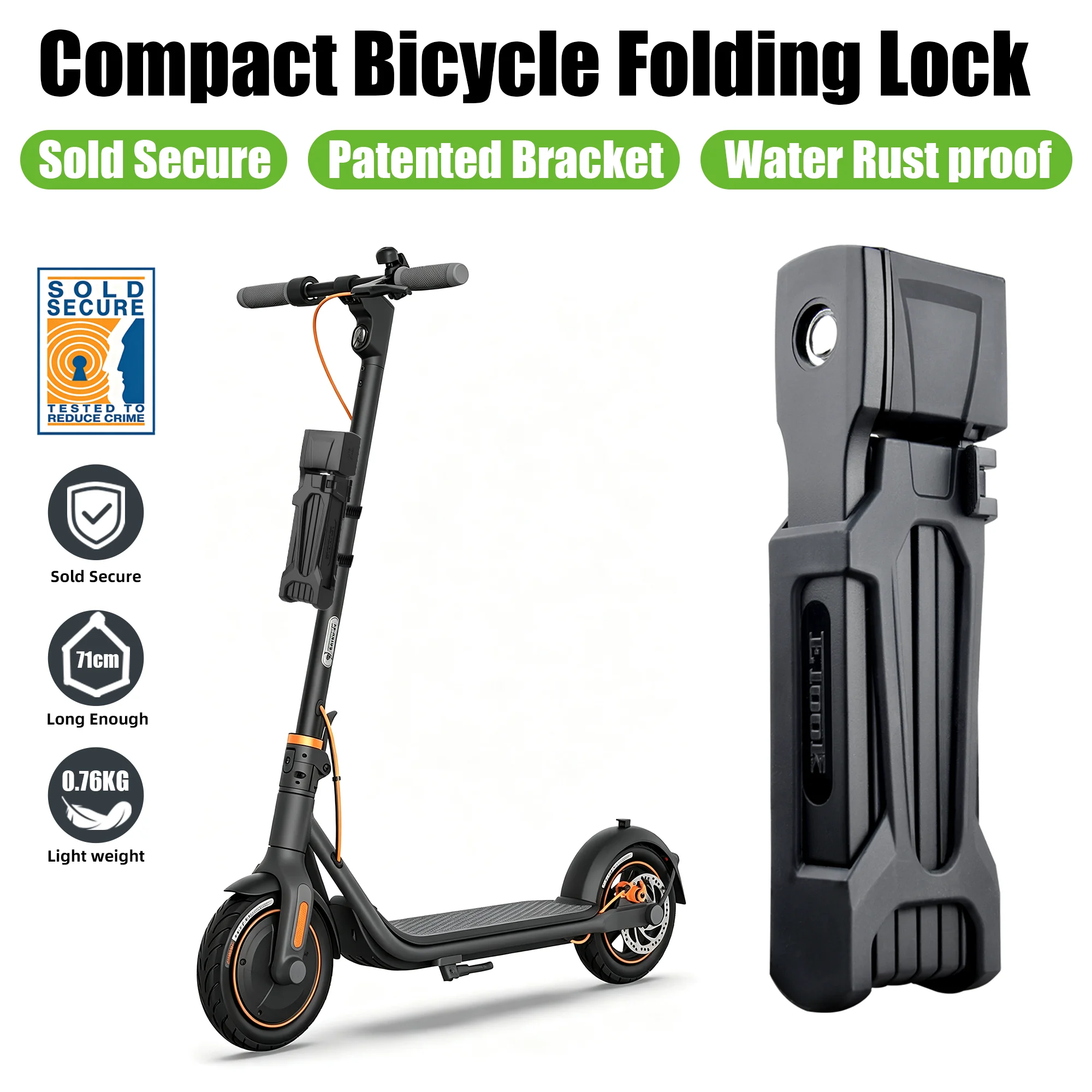 ETOOK Folding Bicycle Lock E Scooter Lock Rust-proof Brass Cylinder Anti-theft Bicycle Lock with Patented Bracket for E-Bike