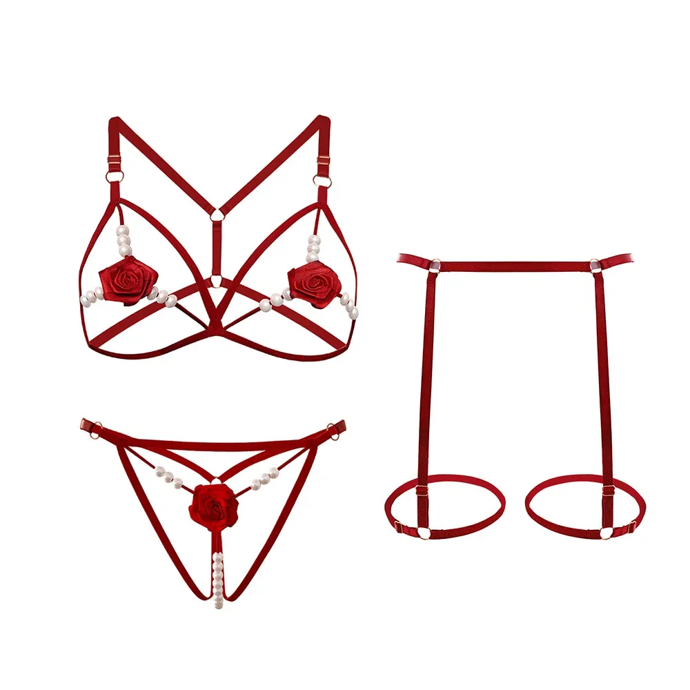 Nueva lencería Sexy para mujer, ropa de dormir abierta de Lolita, sujetador rosa perla, mono Sexy, pijama para mujer, conjunto de 3 uds, picardías para mujer, disfraz de sirvienta