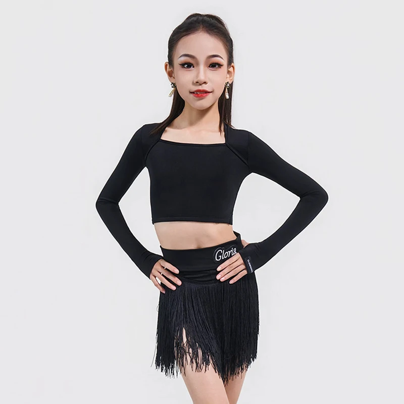 2026 Girl Latin Dance Suit Black Long Sleeve Crop Top Tassel Skirt Chacha Samba Dance Training Clothes Kid Latin Dancewear 6040