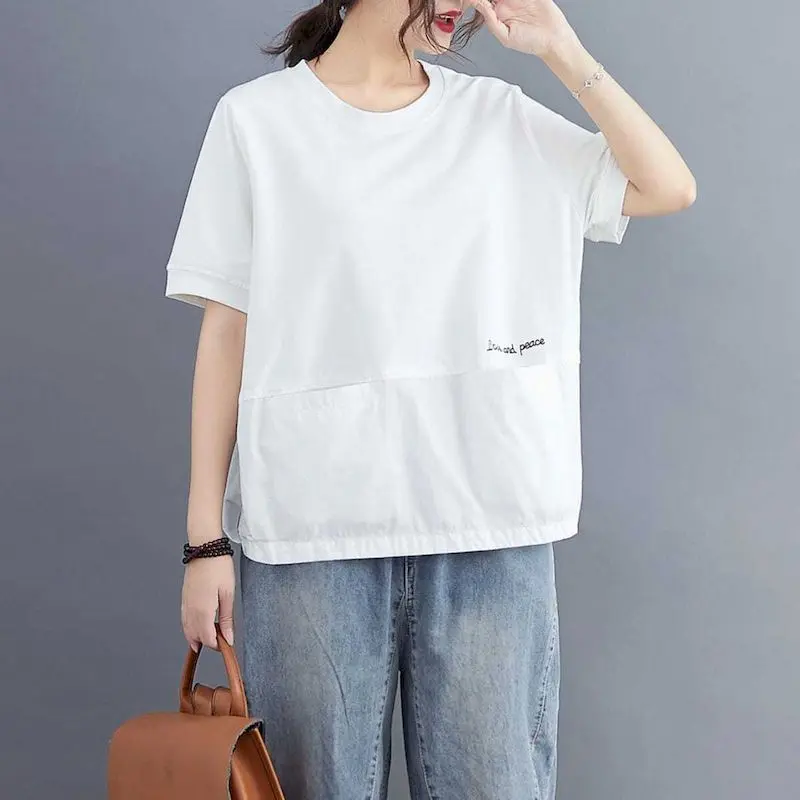 90% Cotton T Shirts Women Fashion Solid Color Patchwork Casual T-shirt Art Loose Short Sleeve Oversized Tops Summer Trend Tshirt