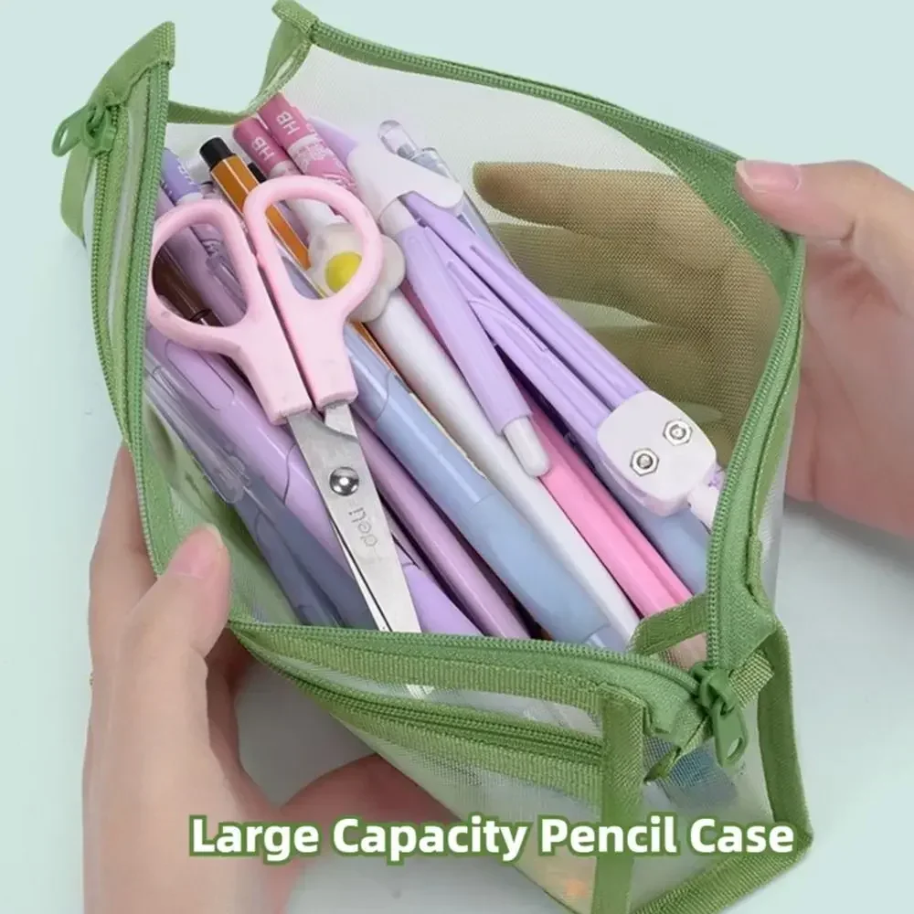 Durable Mesh Pen Bag Transparent Triangle Base Pencil Case Large Capacity Stationery Bag Students