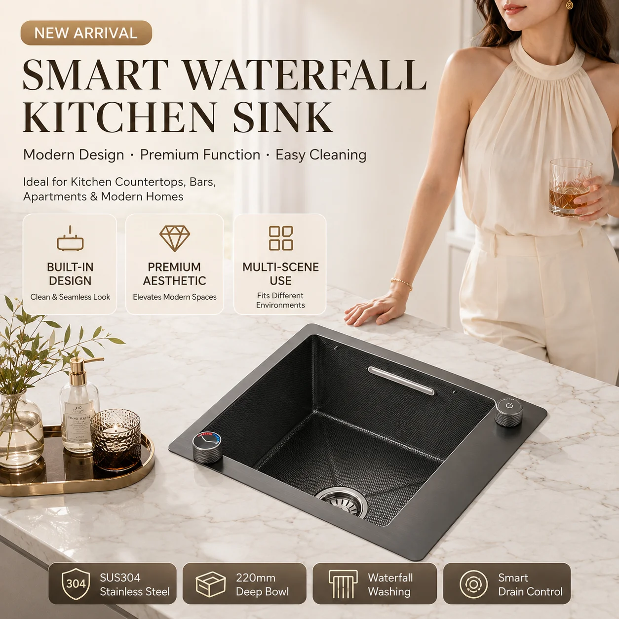 Modern Luxury Waterfall Kitchen Sink SUS304 Stainless Steel Hidden Bar Sink with Temperature Control Faucet Drain Set
