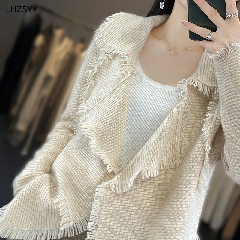 LHZSYY Lapel Cashmere Cardigan Women\'s Fashion Large Size Jacket Sweater Autumn New Knit Shawl Coat High-End Loose Female Blouse