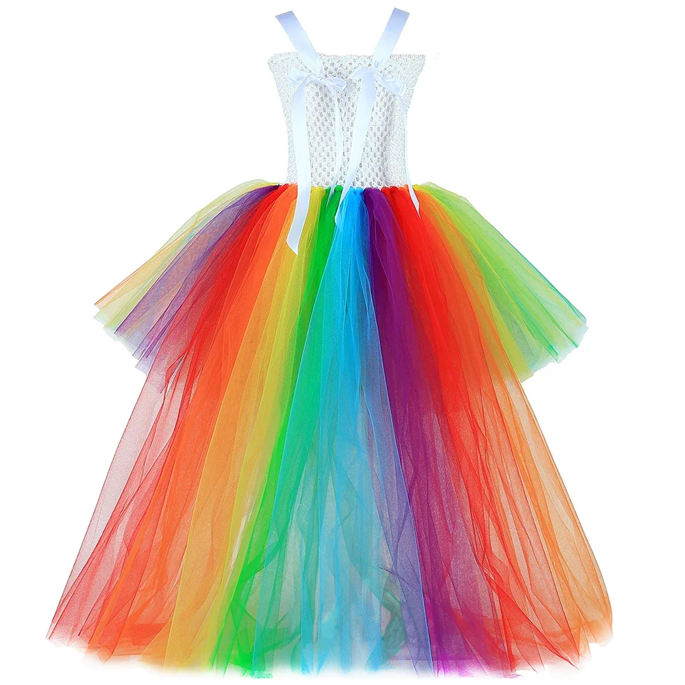 Vestido de tutú de arcoíris con cuello en V para niñas, tren de flores, vestidos de princesa de tul para niños pequeños, fiesta de cumpleaños,