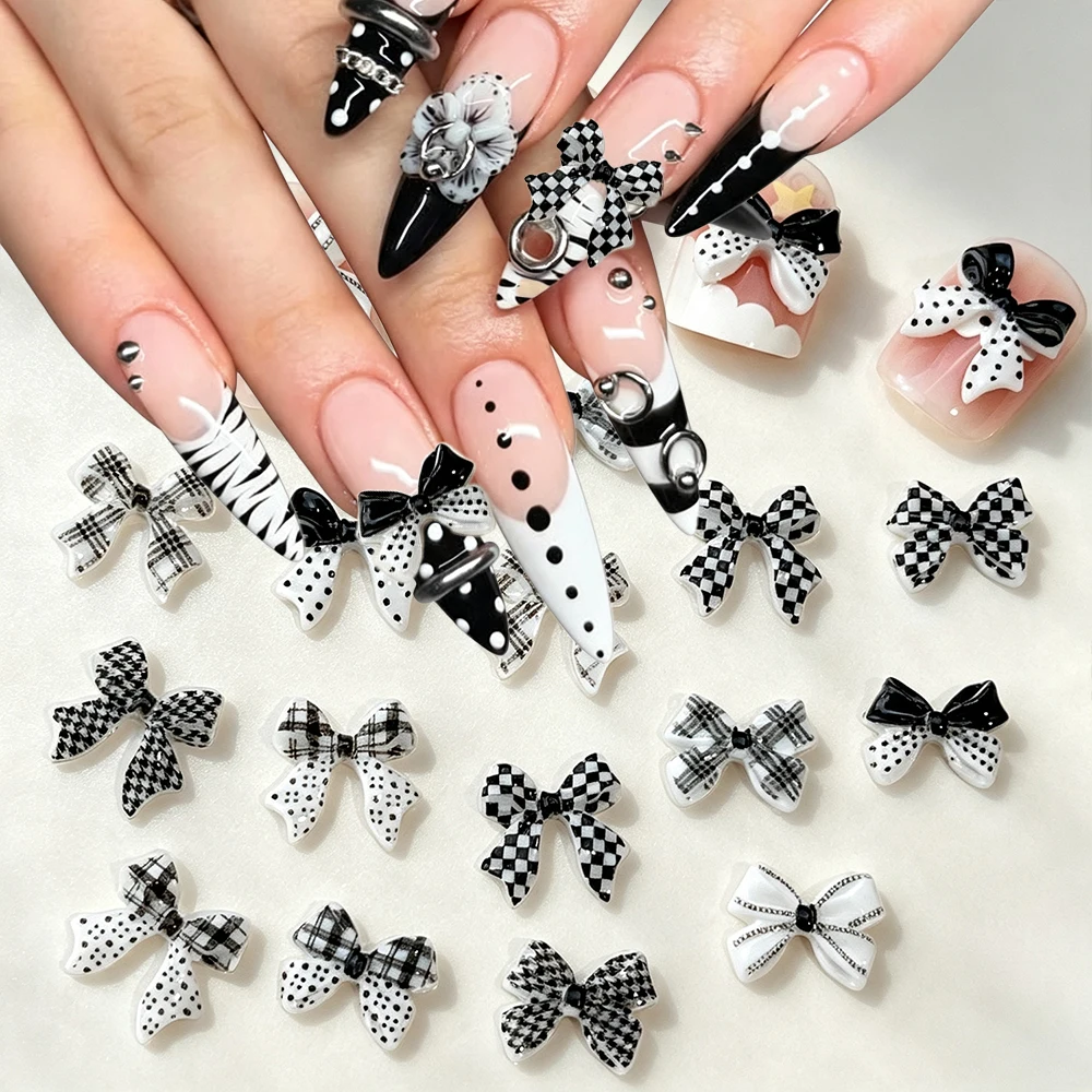 50Pcs Polka Dots & Stripes Bowknot Nail Charms 3D Black White  Checkered Pattern Ribbon Bow Resin Nail Jewelry DIY Crafts Decora