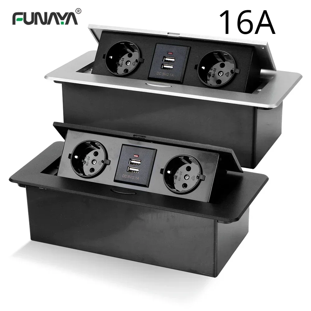 Desktop Socket Table Outlet 2 3 EU Socket With USB Charging Slow Pop Up Aluminum Alloy Cover For Meeting Room 265x117x5mm