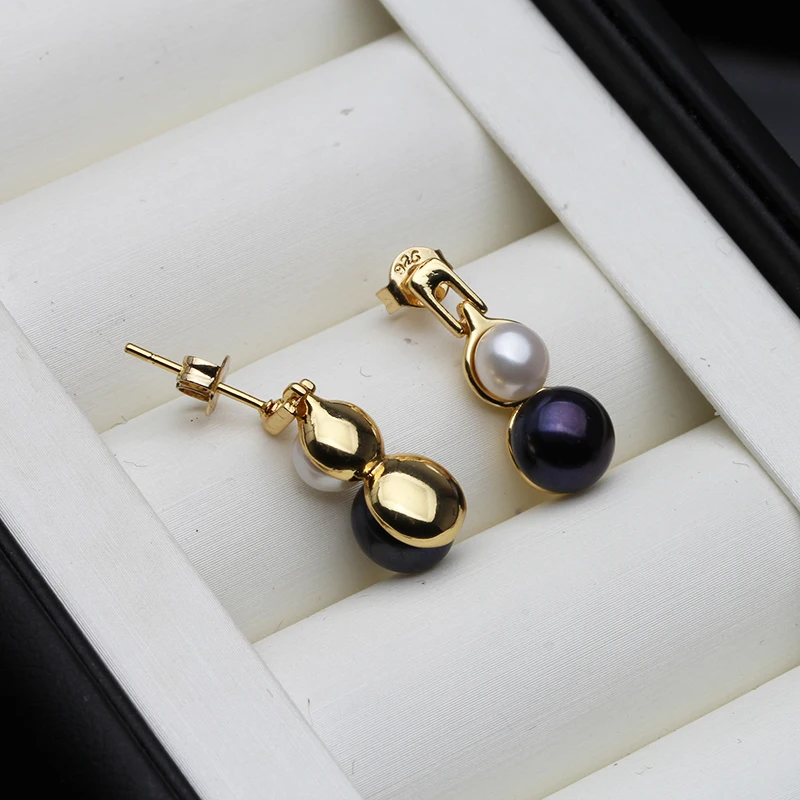 Real Natural Double Pearl Earrings For Woman,Cute Bridal Stud Earring Pearl Fine Jewelry Wife Mother Gift White Black