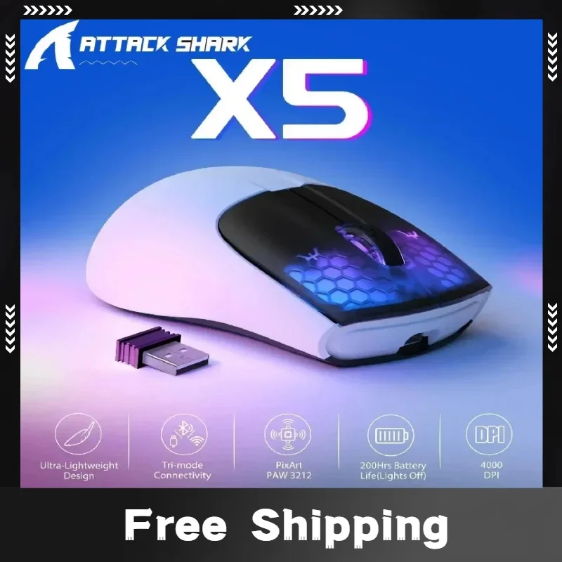 

Новая трехрежимная беспроводная перезаряжаемая игровая мышь ATTACK SHARK X5, 49 г, легкая PAW3212, оптический датчик, GB светодиодная сотовая мышь