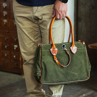 Vintage high quality canvas genuine leather men's handbags fashion designer luxury tote bag outdoor casual green shoulder bag.