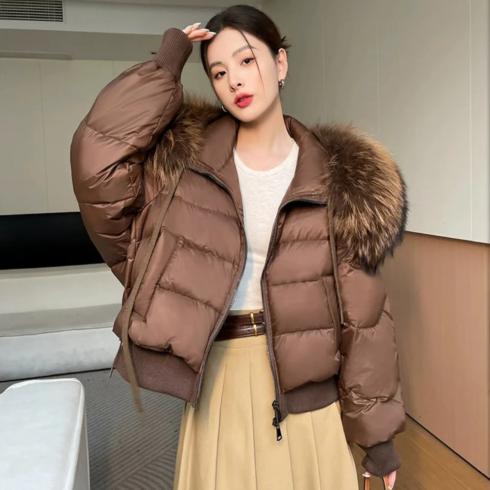 New Real Fur Jacket Natural Raccoon Fur Coat Female Thick Parka Loose Short White Duck Down Coat 2024 Winter Puffer Jacket Women