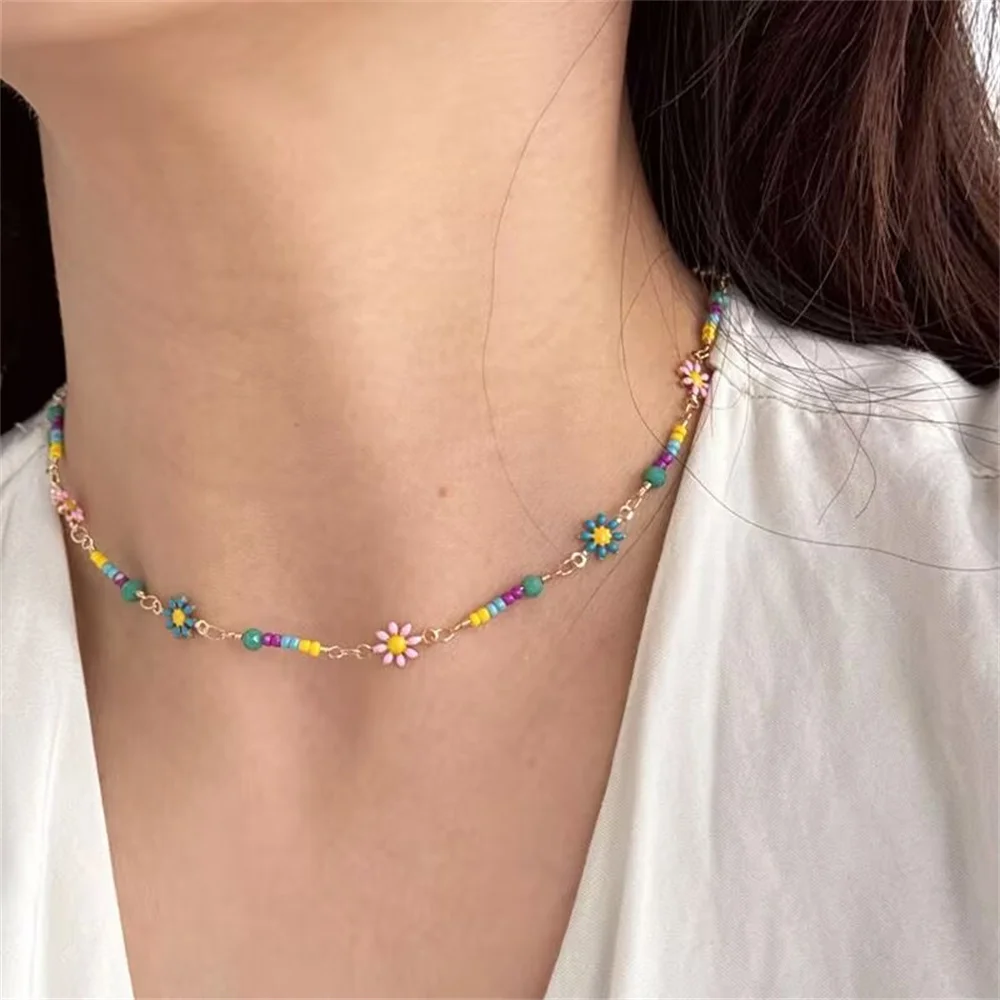 Dopamine Daisy Drip Oil Craft Retro Clavicular Chain Bohemian Style Colorful Rice Bead Vacation Style Necklace