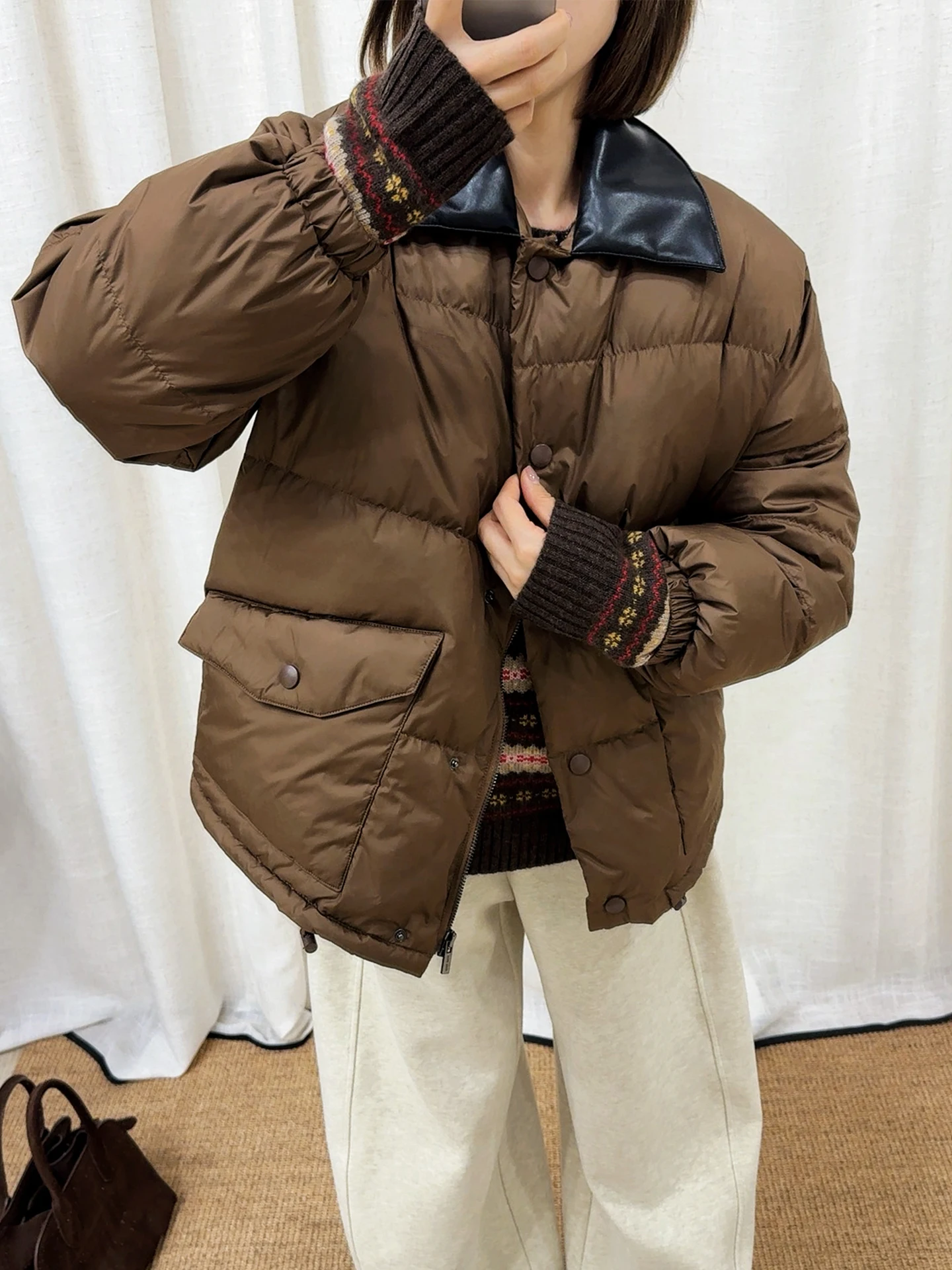 

ASBR женский жгут на гусином пуху, теплый воротник, зимняя новинка, повседневная свободная посадка, длинная молния из полиэфирного волокна