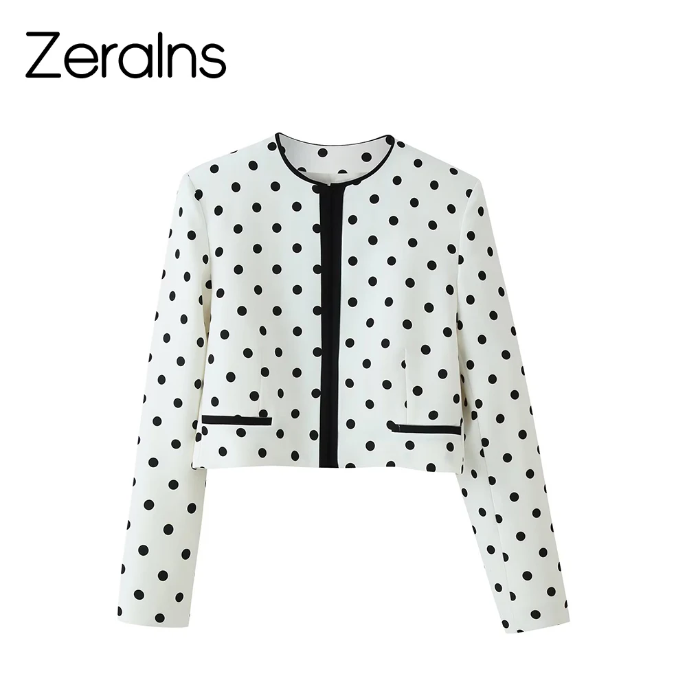 ZERAINS Summer women's contrasting color trimmed with shoulder pads long sleeved round neck polka dot short suit jacket