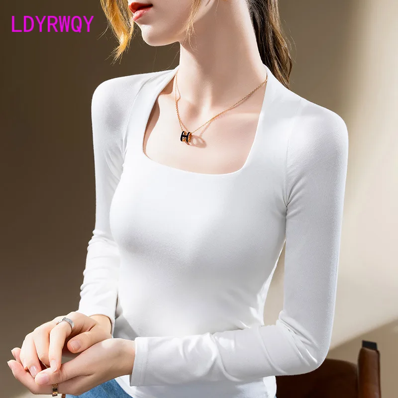 Vintage square neck bottom shirt for new  clothing solid color long sleeved T-shirt with waistband and exposed collarbone top