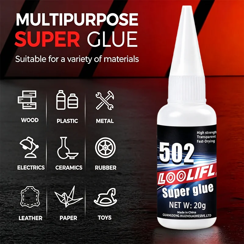 Loolifl 502 Super Glue, 20g Instant-Drying Cyanoacrylate Adhesive, Fast-Drying, Strong Bonding, Long-Lasting Waterproof Transparent Super Glue, Suitable for Materials Such as Metal, Plastic, Wood, Ceramics, Rubber, Leather, and Can Be Used for DIY Crafts and Home Repairs.