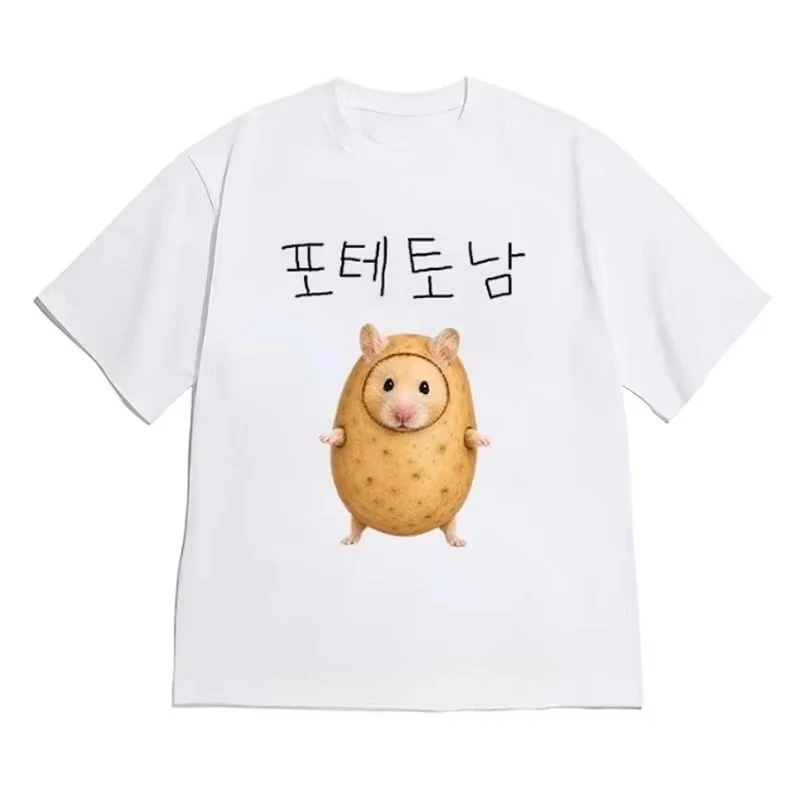 Korean Style Potato Mouse Print T-shirts Women Summer Casual Fashion Cute Funny High Street Tops O-Neck Short Sleeve Cotton Tees