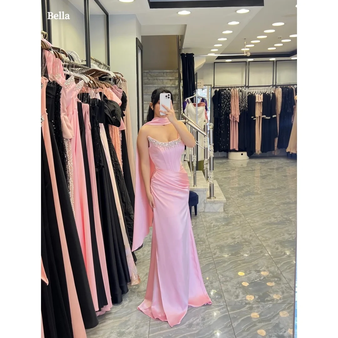 

Bella Customized Pink Satin Party Dresses Strapless Rhinestone Bodice Prom Dress Chiffon Mermaid Floor Length robes de soirée