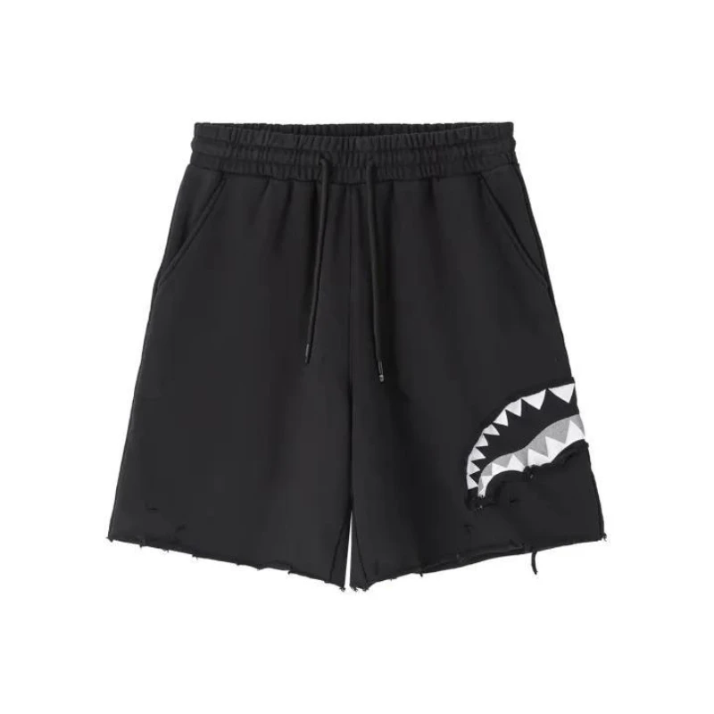 Shark Teeth Patch Sweat Shorts Unisex Raw Frayed Hem Ripped Hole Drawstring Loose Bermuda Shorts Hip Hop Streetwear Casual Sport