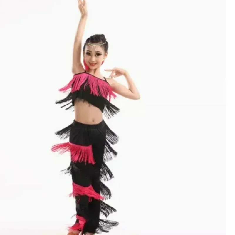 Dziecięce stroje do tańca latynoamerykańskiego, kostiumy do tańca towarzyskiego, spodnie z frędzlami i chwostami w dużych rozmiarach, sukienki, spodnie dla dziewczynek do salsy, samby, stroje sceniczne dla dzieci.
