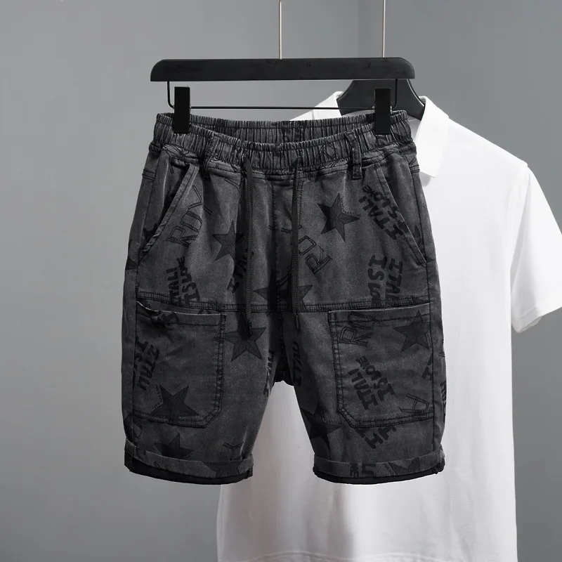 Summer multi pocket jeans shorts for men's fashionable printing trend street stretch casual loose denim casual pants