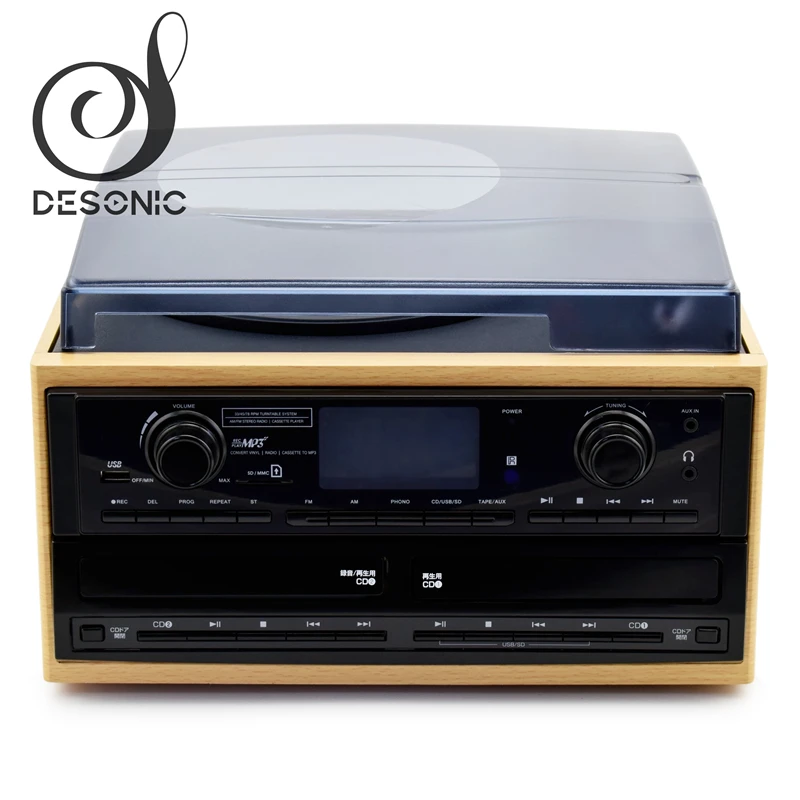 FACTORY SUPPLY ALL IN ONE MUSIC CENTER DUAL CD PLAYER RECORD PLAYER VINYL TURNTABLE BT USB SD RECORDING &  CASSETTE  RADIO