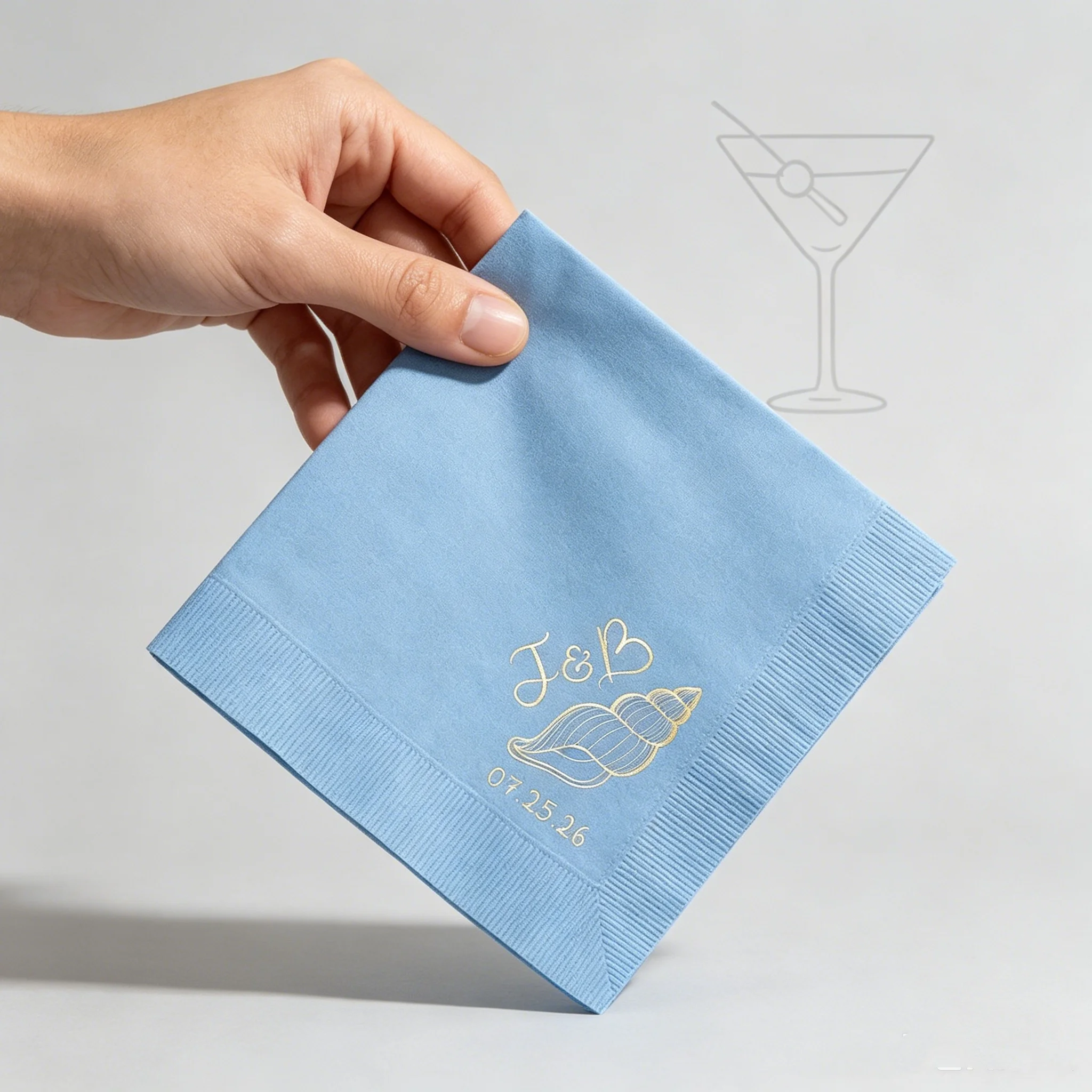 50pcs Personalized Seashell Monogram Beach Wedding Cocktail Napkins, Custom Initials & Date Gold Foil Navy Blue Napkins, Elegant