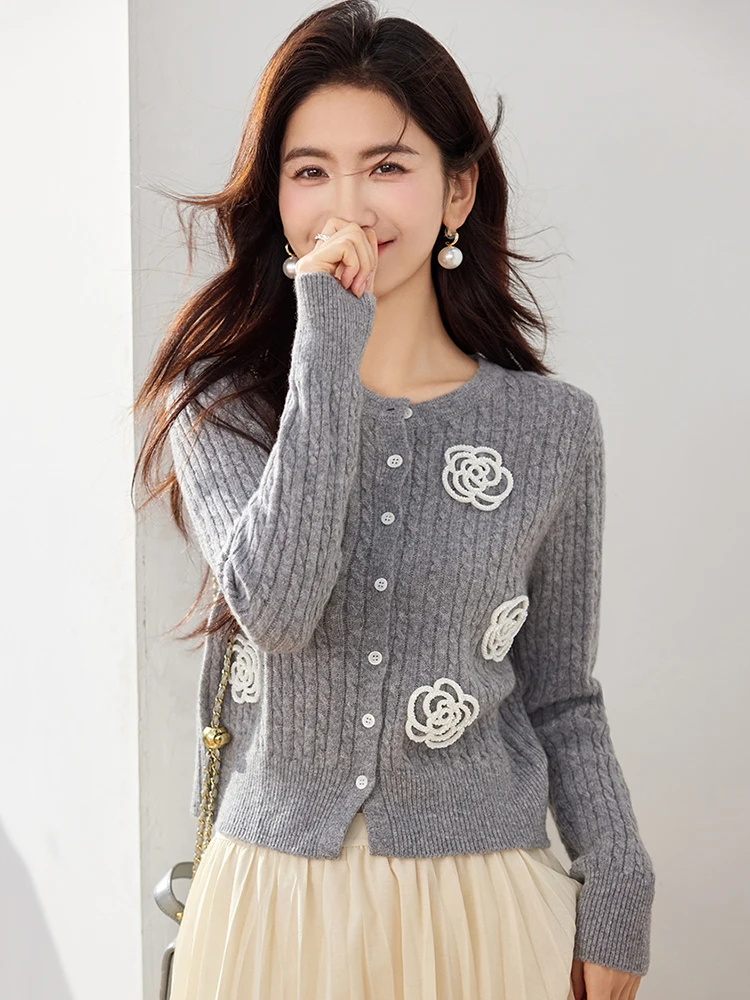 Casual Camellia Knitted Cardigan Autumn Fashion Loose Round Neck Sweater for Women Solid Color Long Sleeve Top