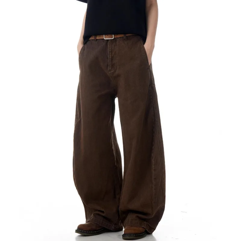 

Vintage Men's Casual Pants Solid Color Washing Straight Bottom Summer Wide Leg Loose Cleanfit Male Trousers American