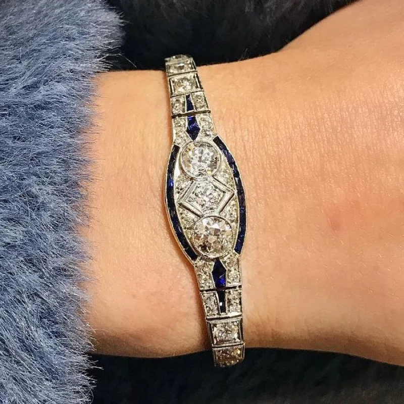 925 silver gold plated bracelet high carbon diamond royal blue Art Deco series Western antique bracelet